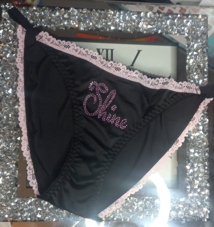 Women black soft silky feel satin tanga panties SHINE print sissy size 12/14 (L)