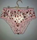 Pink Satin Rose Print Frilly Knickers Lace Trim Vintage panties size L 12-14
