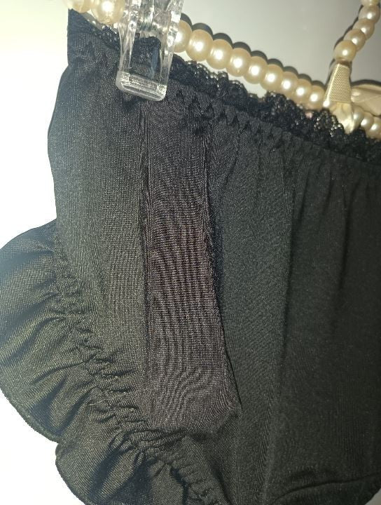 Black Satin Frilly Knickers Lace Trim Bow Detail buttons detail size L 10-12