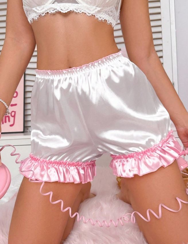 Womens silky feel satin panties PJ shorts heart ruffles sissy CD TV size 8 small