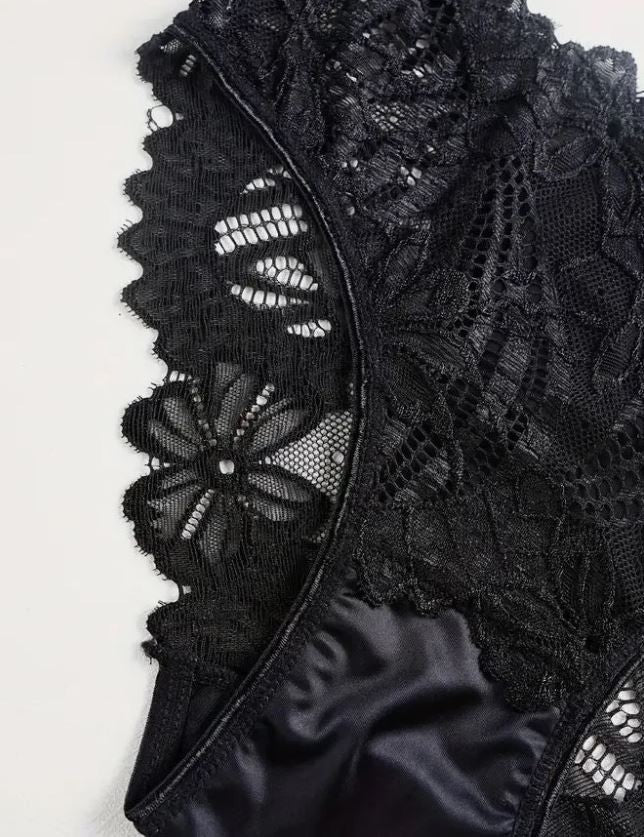 Women elegant black lace satin panties lace trim briefs satin knickers size S 8