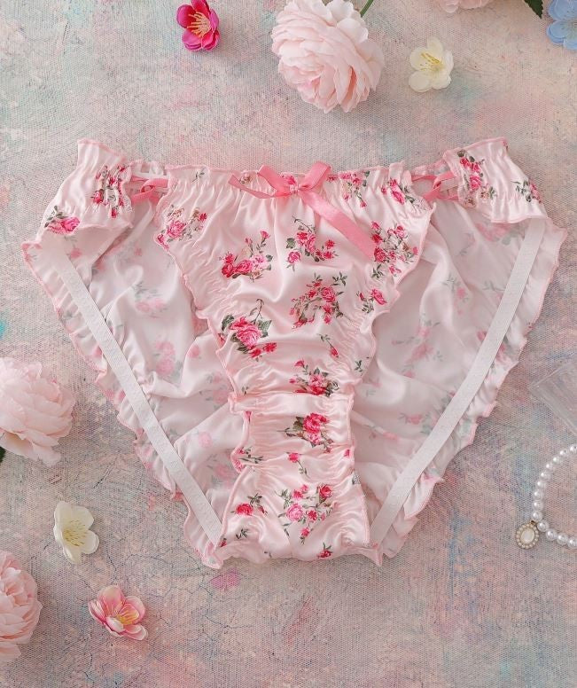 Floral soft silky feel satin panties knickers ruched sissy pink bow size S UK 8