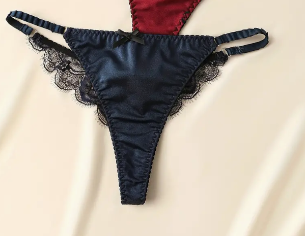 Seamless Floral Lace Trim Bow Decor Satin Thongs romantic panties sissy bridal