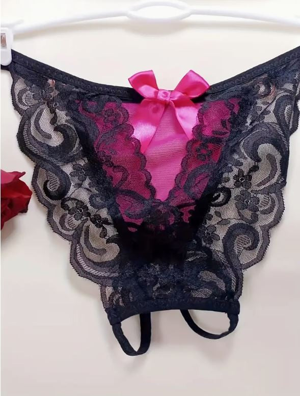 Women's soft mesh tanga Knickers Size S-UK 8 Pink Bow open crotch French style
