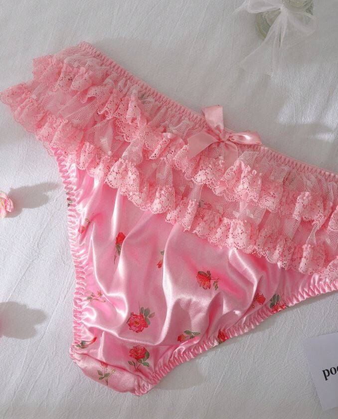 Women's plus size silky feel satin knickers floral lots of ruffles sissy CD TV