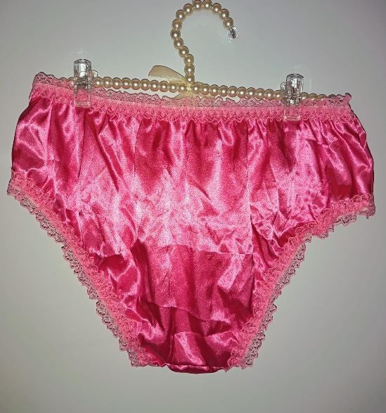 Deep Pink Satin Frilly Knickers Lace Trim Vintage Style panties size S 8