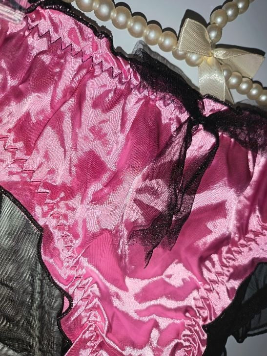 Hot Pink Satin Sheer Mesh Panties Coquette Fairy Ruffle silky feel size 3XL 22