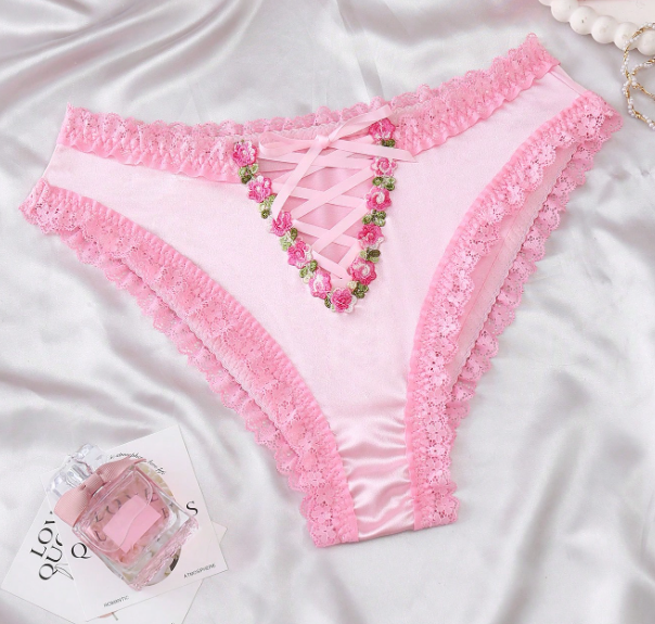 Women's romantic silky feel floral embroidery cross strap lace detail sissy