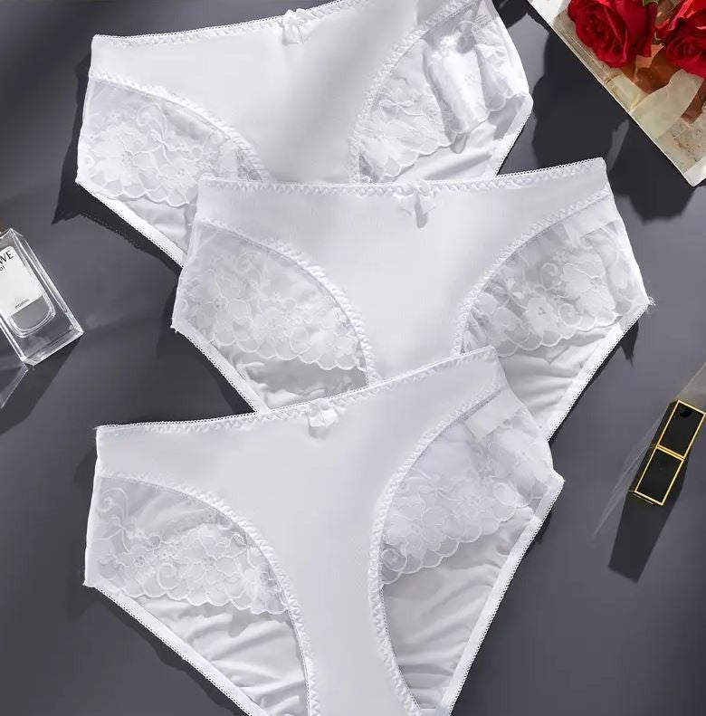 Women's white soft satin panties lace detail knickers gently ruched on bum