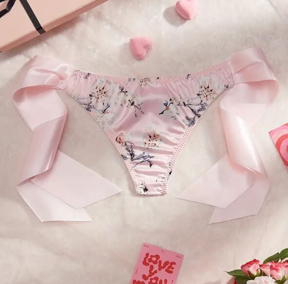 Women's sexy floral print silky feel satin side tie knickers sissy TV CD