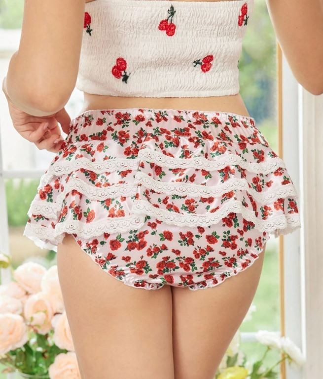 Women’s Floral Ruffle panties silky feel Lace Trim knickers sissy size 8 / S