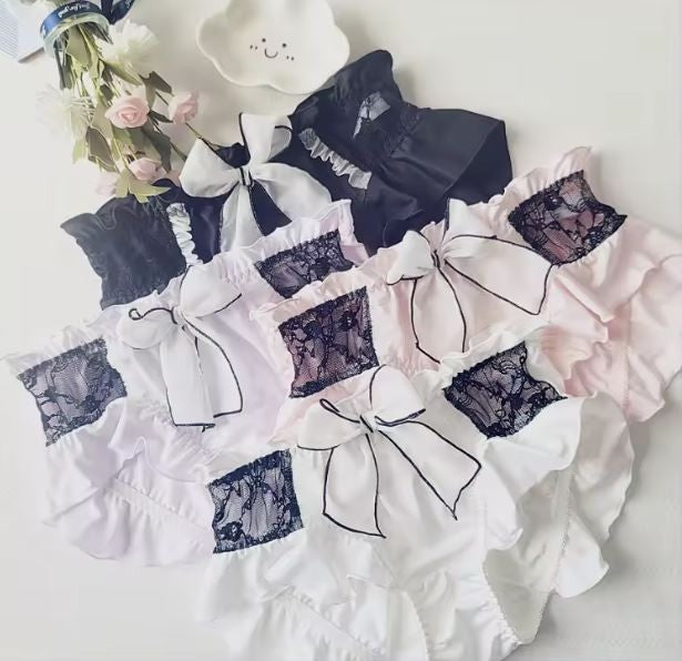 Luxury soft silky feel satin knickers panties black lace bow ruffles UK 8-10 / M