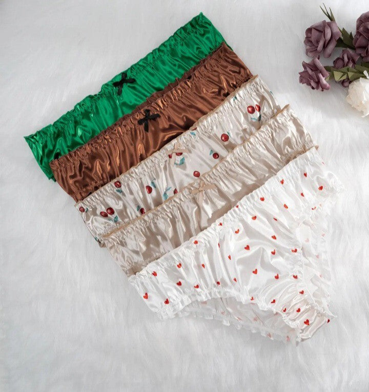 Plus size silky panties satin knickers full bum cover frill trim bow decor