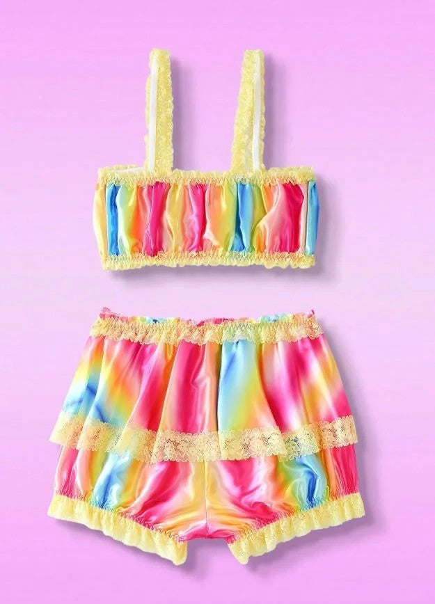 Women Satin Lingerie Set with Lace Trim Ruffle Bloomers Bralette size S / UK 8