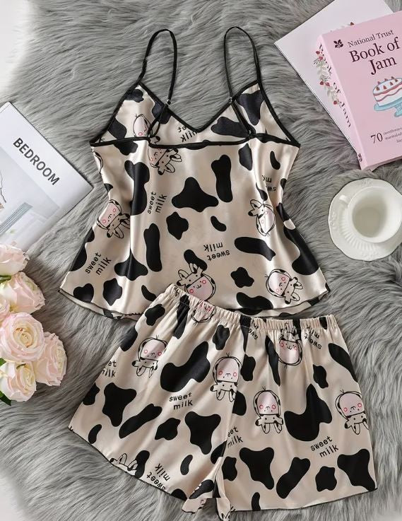 PJ silky feel soft satin spaghetti strap cow print top shorts sissy size S /8-10