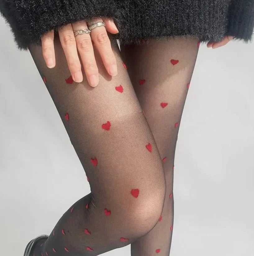 Sexy black tights elegant red hearts print 80D one size fits S-M all seasons