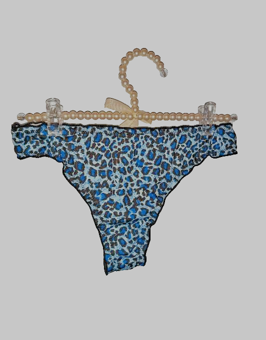 Women Blue Leopard Print Thong satin Knickers soft to skin Bow size 16-18 XL