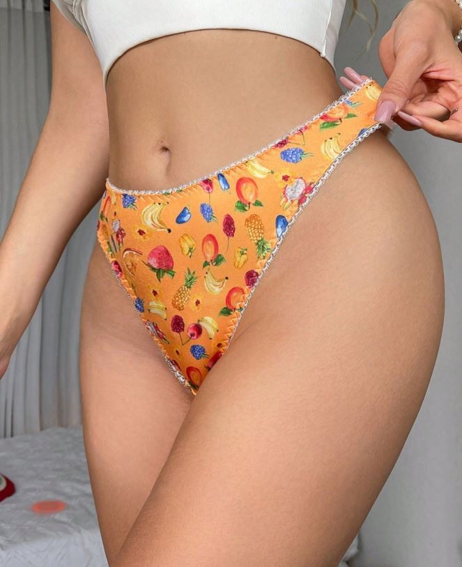 Orange soft silky feel satin panties thongs tropical fruits print size 8 (S)
