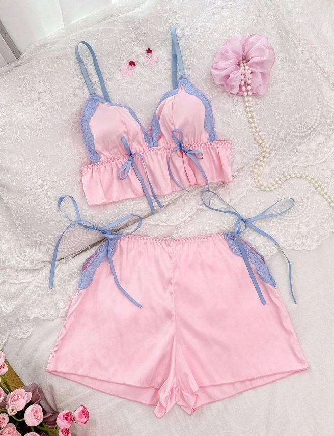 Women's silky feel pink satin bra set PJ shorts knickers bikini size 16/18 (XL)