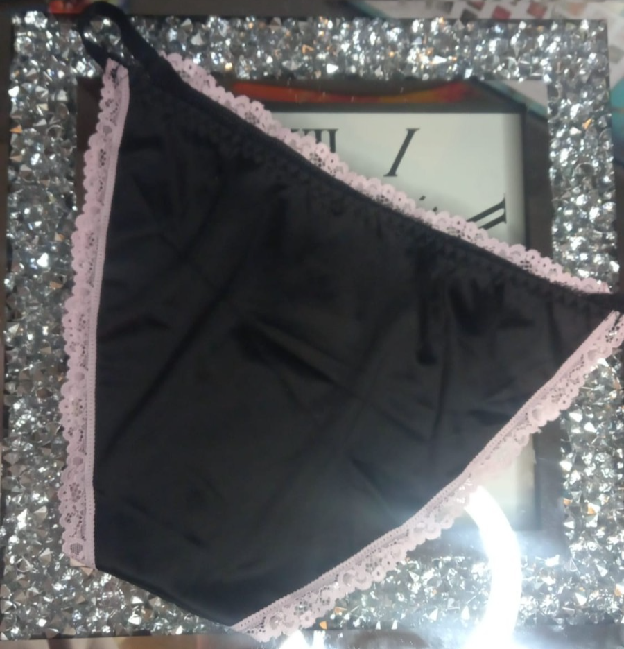 Women black soft silky feel satin tanga panties SHINE print sissy size 12/14 (L)