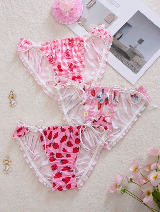 Sexy soft silky feel satin knickers side ties fruity frill trim UK 12-14 / L
