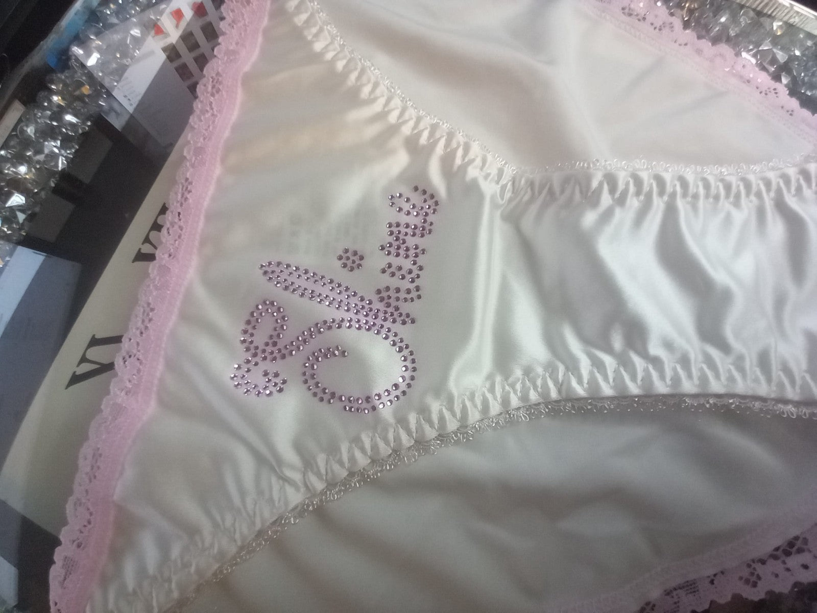 Women white soft silky feel satin tanga panties SHINE print sissy size 12/14 (L)
