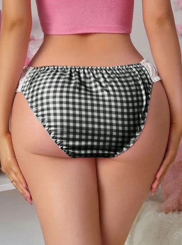 Women's black Gingham Bikini Panties Bow Lace Trim sissy unisex size L UK 12-14