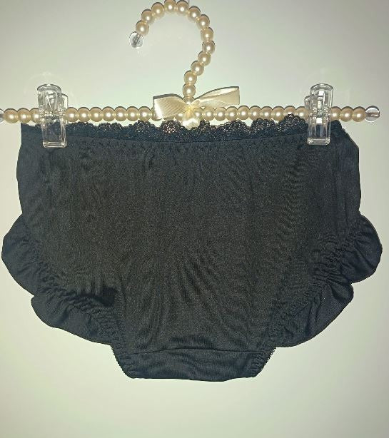 Black Satin Frilly Knickers Lace Trim Bow Detail buttons detail size L 10-12