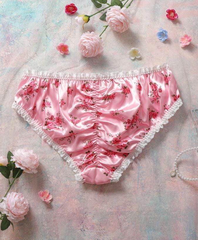 Floral print pink silky feel satin knickers panties scrunchie bum size UK 24/4XL