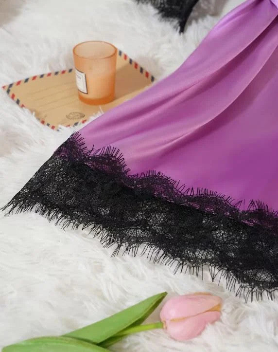 Silky feel purple satin black lace trim 4 piece lingerie set size 18-20 (2XL)