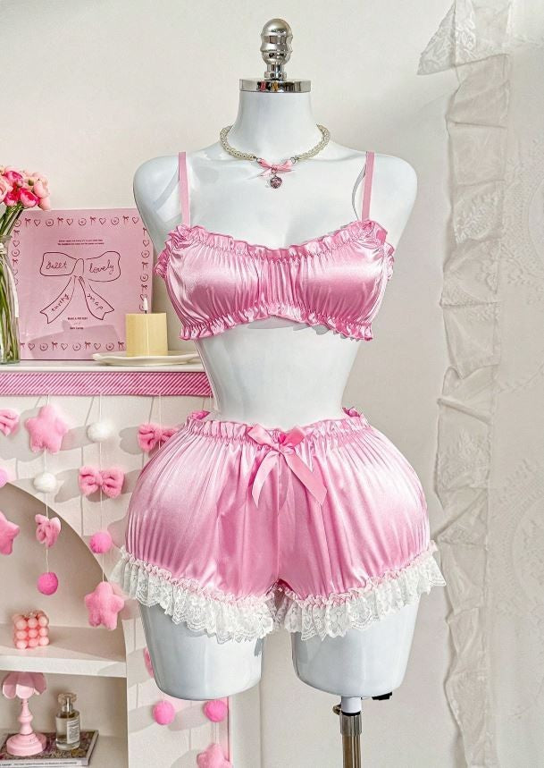Pink Satin Frilly Lingerie Set Lace Trim Shorts Bralette silky size M UK 10