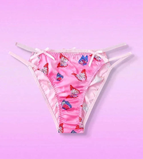 GlossGlam pink soft silky feel satin panties tangas butterflies print size 8 (S)
