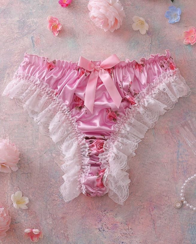 GlossGlam pink soft silky feel satin panties floral ruched bum size 16-18 (XL)