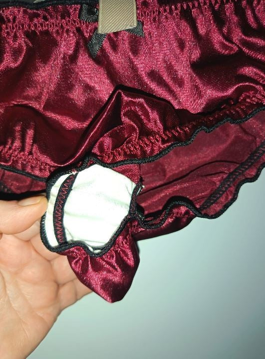 Ladies burgundy Satin Frilly Knickers Shiny Silky Panties sissy size M 10