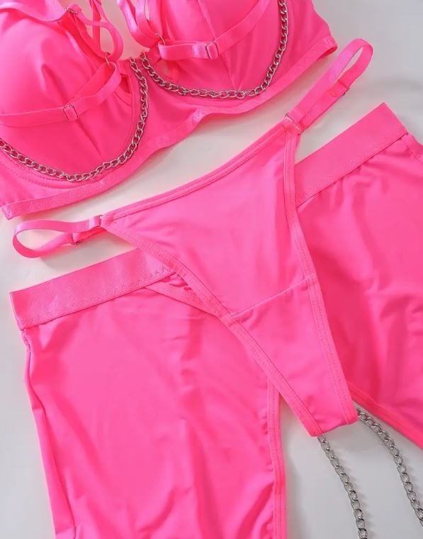 HOT! trendy lingerie 5-piece set soft silky feel satin chain detail women sissy
