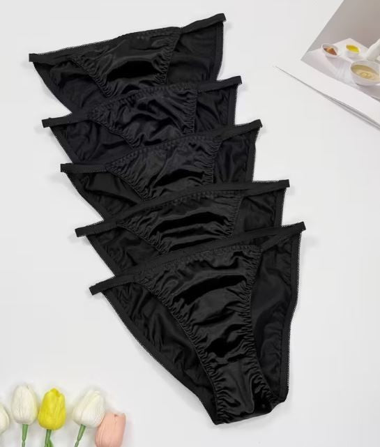 1x Womens black silky feel soft satin tanga panties knickers  sissy size 10 (M)