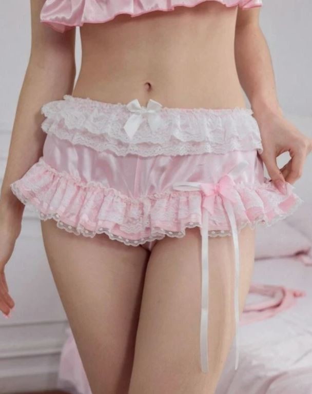 Women soft satin knickers light pink ruffles bows princess vibe sissy size M/10