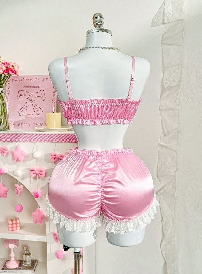 Pink Satin Frilly Lingerie Set Lace Trim Shorts Bralette silky size L UK 12-14