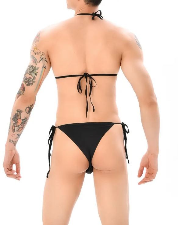 Mens black Micro Bikini Set String Triangle Bra Thong Swimwear ONE size fits S-L