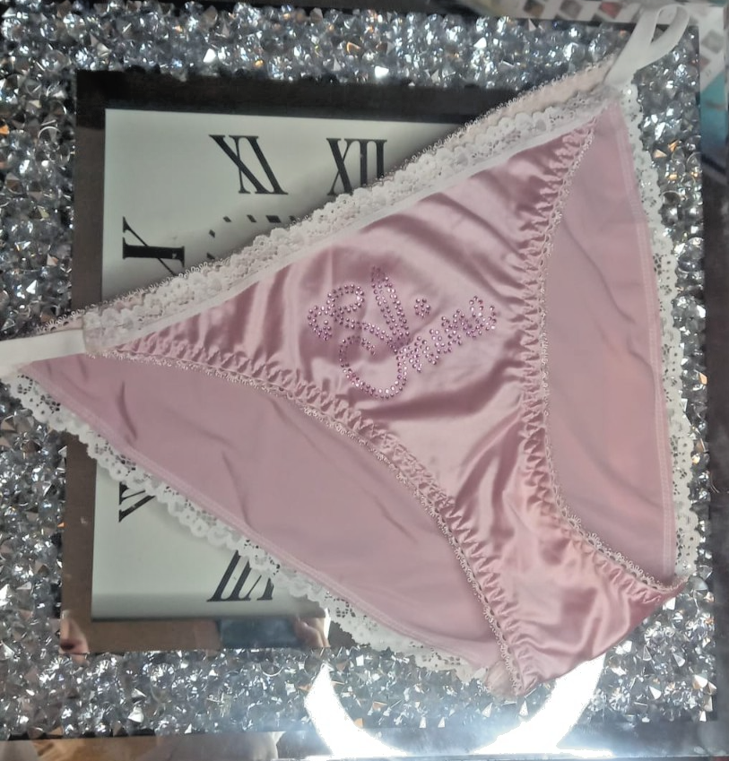 Women's pink soft silky feel satin tanga panties SHINE print sissy size 10 (M)