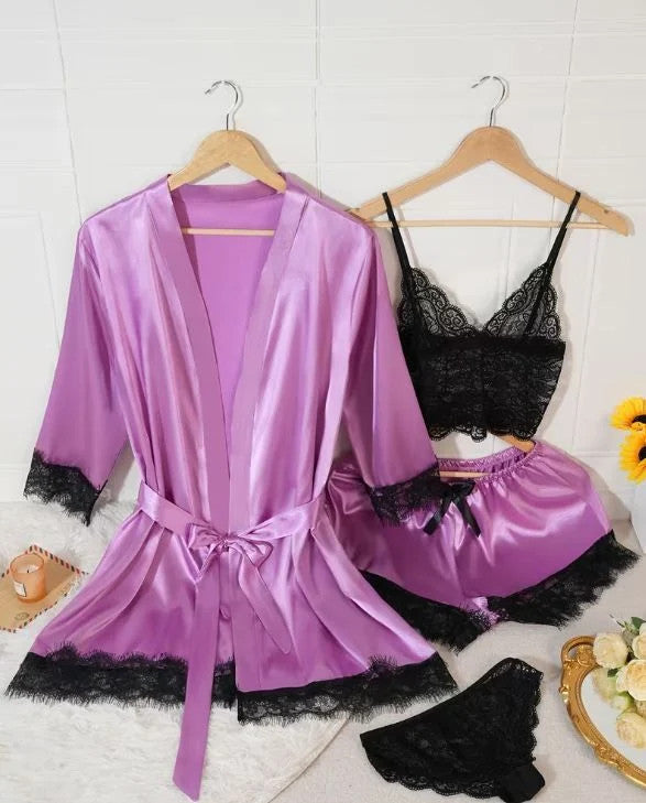 Silky feel purple satin black lace trim 4 piece lingerie set size 10 (M)