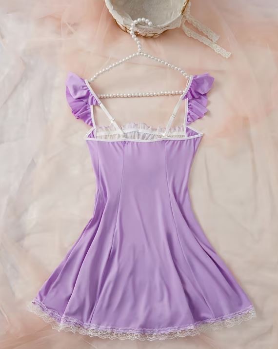 Lilac Satin Babydoll Nightdress Lace Trim Bow Chemise Lingerie size XL 16-18
