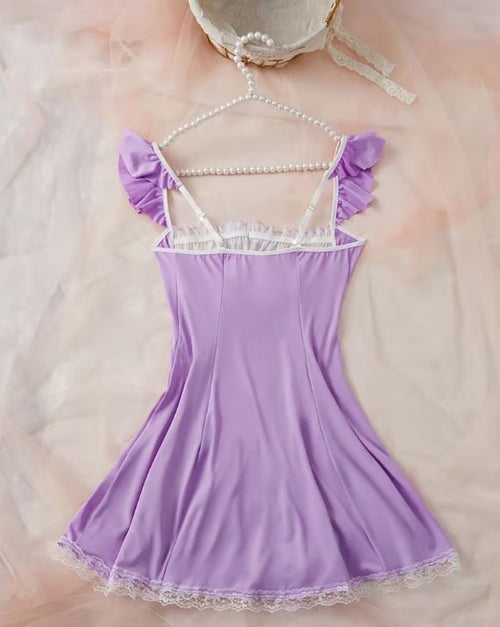 Lilac Satin Babydoll Nightdress Lace Trim Bow Chemise Lingerie size XL 16-18