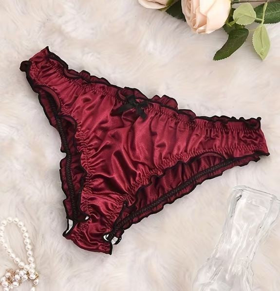 Ladies burgundy Satin Frilly Knickers Shiny Silky Panties sissy size L 12-14