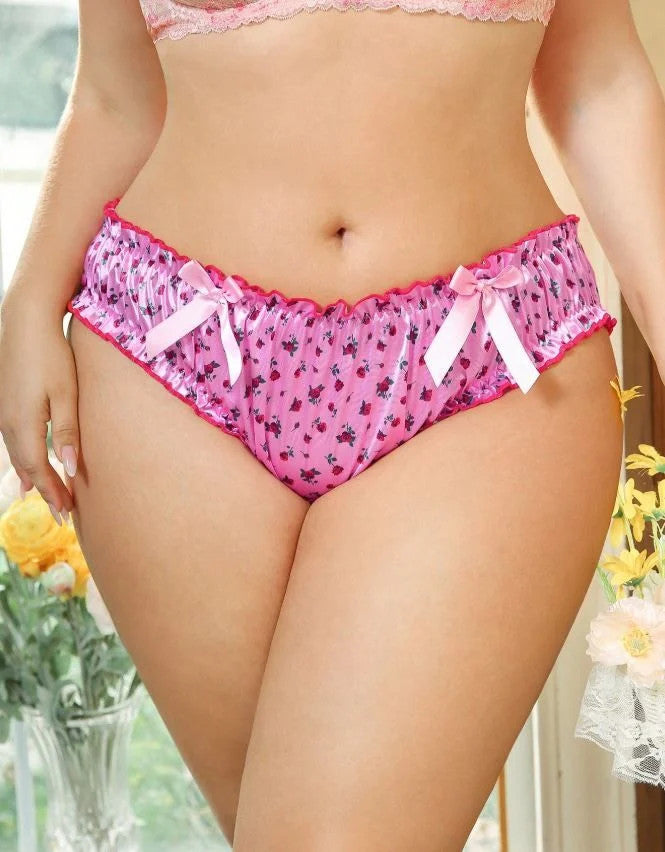 Women’s Pink Floral Bikini glossy Panties Ruffle Trim Satin Bows sissy XL 16–18