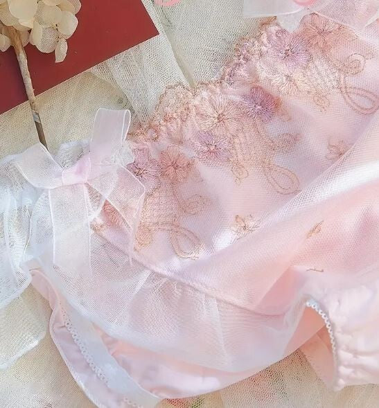 HOT! Japanese soft silky feel satin mesh trim panties embroidered tanga #sissy