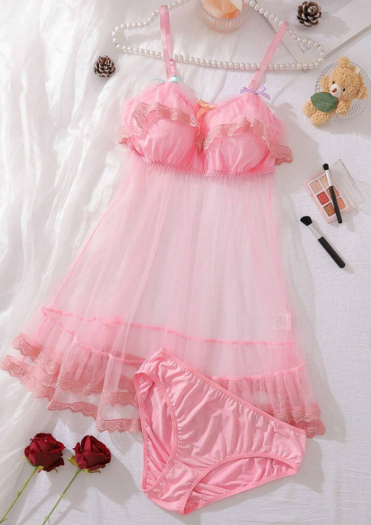 Gorgous pink 2 piece set mesh and lace trim night dress and knickers set