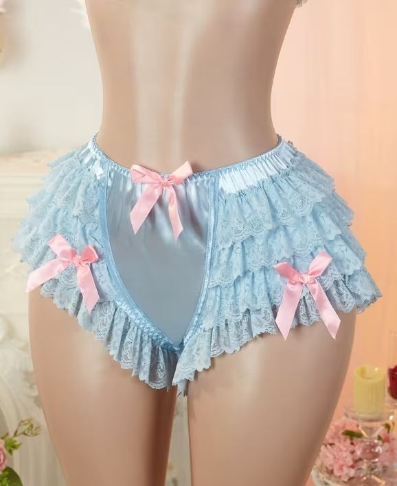 Sissy Satin Lace Frilly Knickers Ruffle Panties Bow silky feel size S UK 8