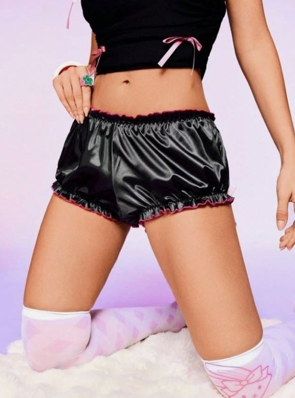 Women’s Satin Lover Girl Panties black knickers Frill Trim bloomers size M /10