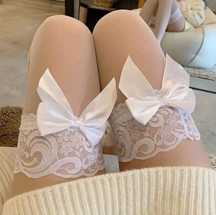 Sheer Thigh High Stockings Lace Top white Bow Cute Coquette Hosiery one size